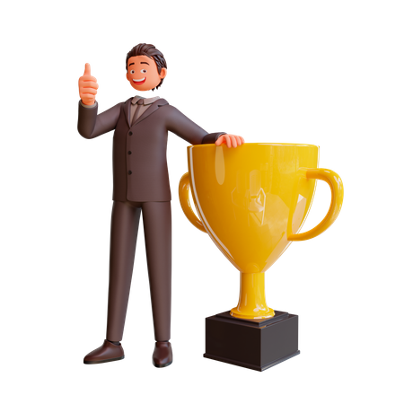 Successful Businessman Celebration With trophy 3D Illustration