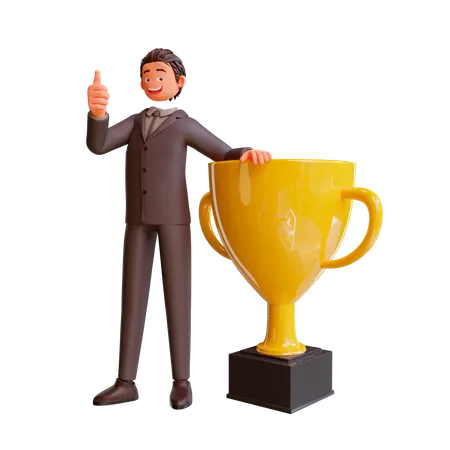 Successful Businessman Celebration With trophy 3D Illustration