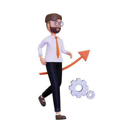 3 D Progress Illustration With A Business Man Character Running And An Arrow Pointing Up 3D Illustration