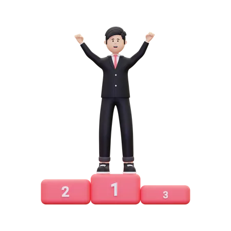 Successful Businessman On Achievement Podium  3D Illustration