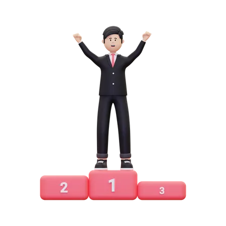 Successful Businessman On Achievement Podium 3D Illustration