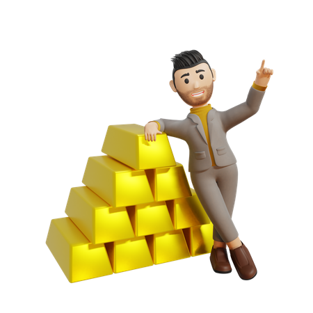 Successful businessman standing beside gold bars  3D Illustration