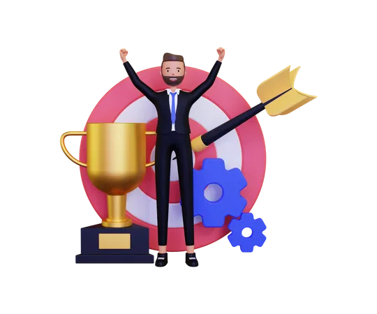 Successful Businessman With Gold Trophy 3D Illustration