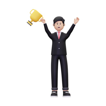 Successful Businessman With Trophy 3D Illustration