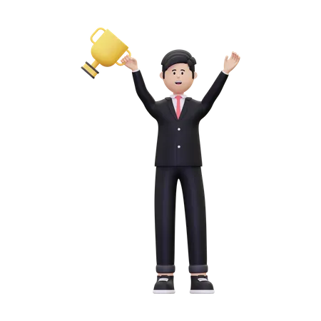 Successful Businessman With Trophy 3D Illustration