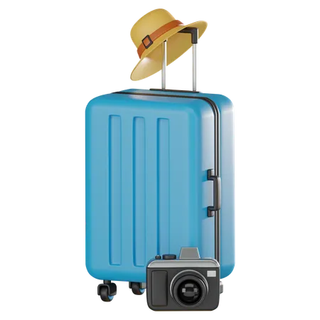 Suitcase Camera And Straw Hat Perfect For Travel Enthusiasts And Wanderers Seeking To Capture The Essence Of Exploration And Discovery 3 D Render Illustration 3D Icon