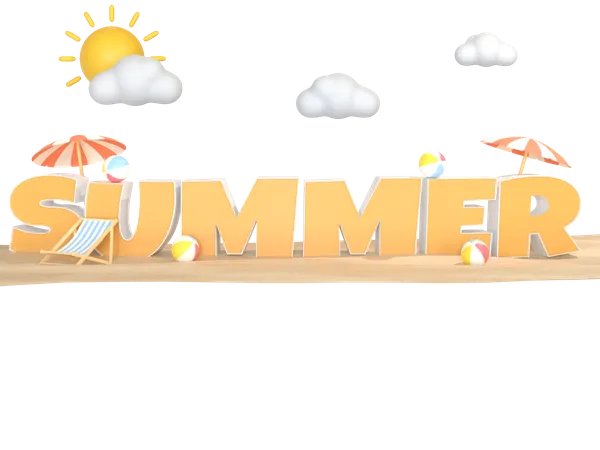 3 D Illustration Of Summer Text With Summer Elements On A Transparent Background 3D Illustration