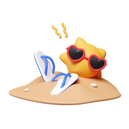 3 D Sun Wearing Sunglasses On Sand With Sandals Summer Vacation And Holidays Concept Icon Isolated On White Background 3 D Rendering Illustration Clipping Path 3D Icon