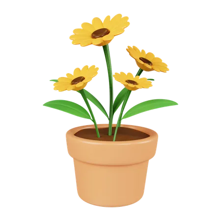 3 D Yellow Flower In Plant Pot Floral Arrangement Garland Icon Isolated On White Background 3 D Rendering Illustration Clipping Path 3D Icon