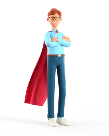 Ilustracion 3 D De Un Hombre De Pie Con Capa De Superheroe Con Los Brazos Cruzados Retrato De Dibujos Animados Sonriendo Super Heroe Empresarial 3D Illustration
