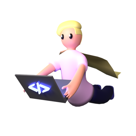 Programador de super-heróis trabalhando no laptop  3D Illustration