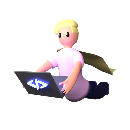 Programmeur de super-héros travaillant sur un ordinateur portable  3D Illustration