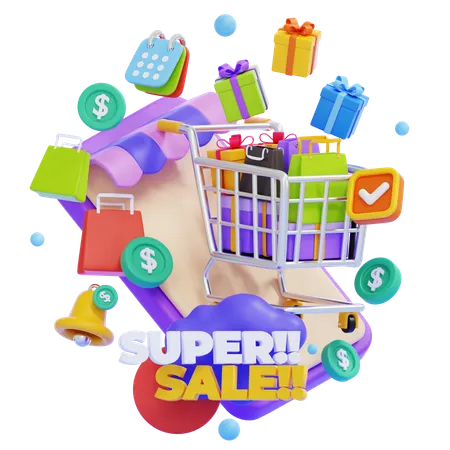 Super promoção com carrinho de compras  3D Illustration