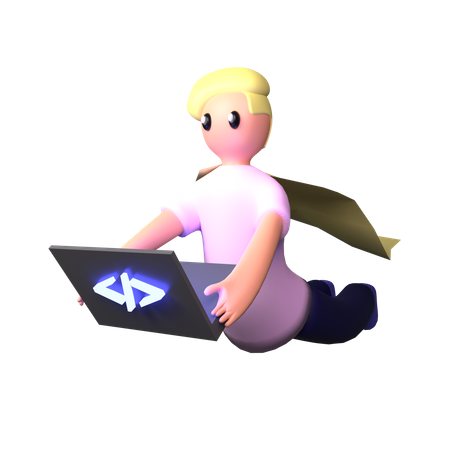 Superhero programmer working on laptop  3D Icon