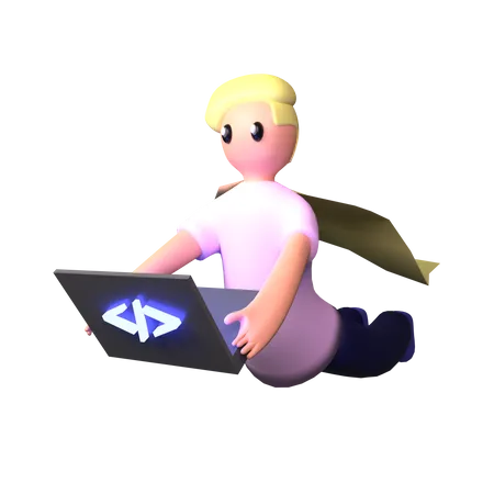 Superhero programmer working on laptop  3D Illustration