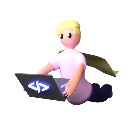 Superhero programmer working on laptop 3D Illustration