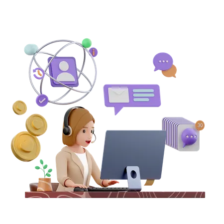 A Personagem Feminina 3 D De Terno Senta Se Em Frente Ao Computador Usando Fones De Ouvido Com Microfone E Atende Chamadas E Mensagens 3D Illustration