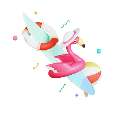 Surfboard And Beach Ball With Duck Float  3D Icon