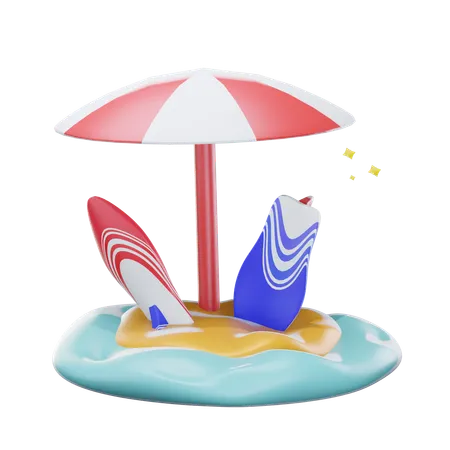 3 D Beach Surfboard And Beach Umbrella Icon Isolated On Transparent Background 3 D Illustration 3D Icon