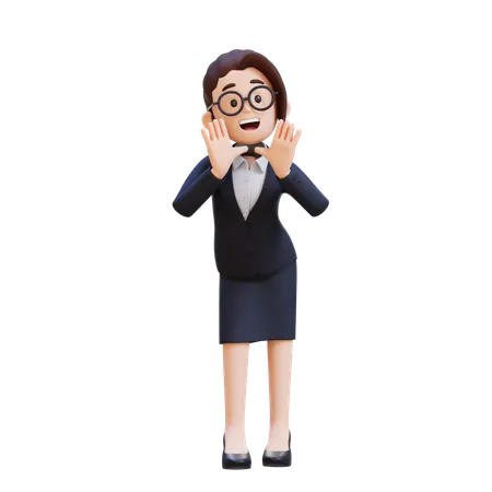 Surprised Businesswoman Reclines On Her Hands And Shouting While Looking At Camera  3D Illustration