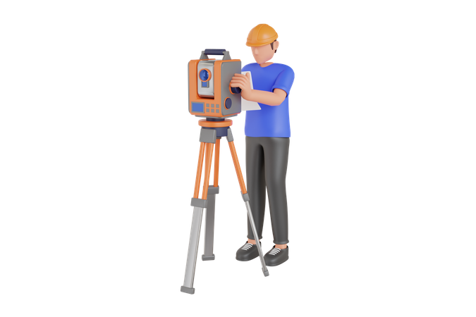 Surveyor Worker With Theodolite  3D Icon