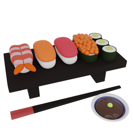 Sushi e rolo em uma mesa de madeira  3D Icon