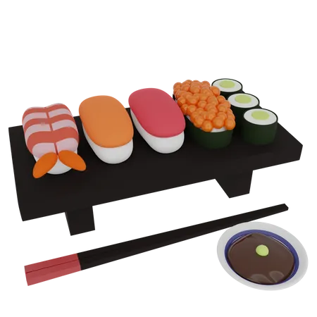 Conjunto De Ilustracao 3 D De Sushi E Rolo Em Uma Mesa De Madeira Renderizacao 3 D De Um Desenho Animado De Comida Japonesa 3D Icon