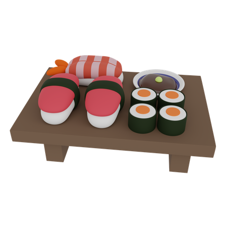 Sushi And Roll On A Wooden Table  3D Icon