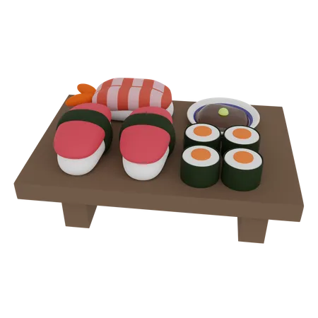 Sushi And Roll On A Wooden Table  3D Icon