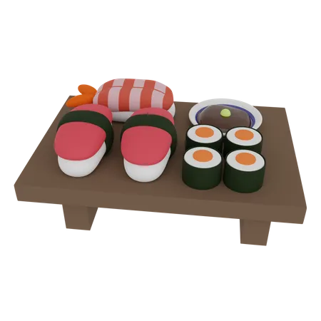 3 D Illustration Set Of Sushi And Roll On A Wooden Table 3 D Rendering Of A Cartoon Japanese Food 3D Icon