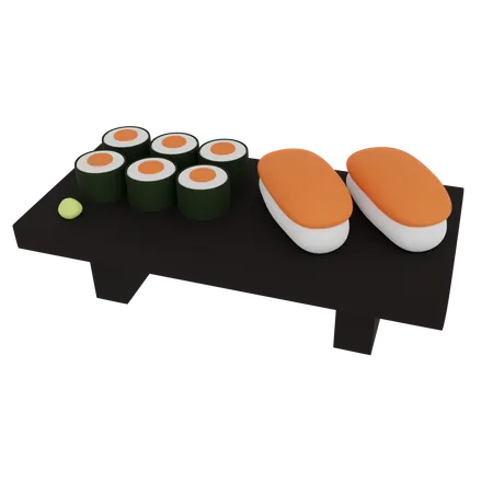 3 D Illustration Set Of Sushi And Roll On A Wooden Table 3 D Rendering Of A Cartoon Japanese Food 3D Icon