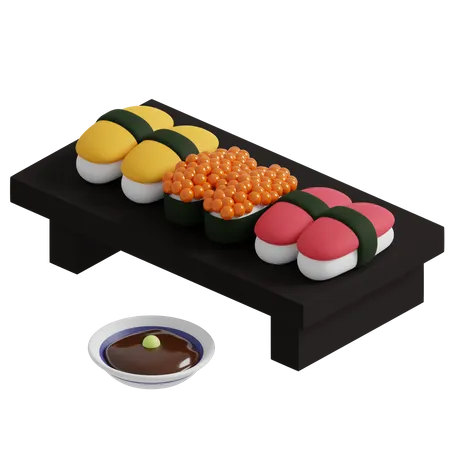 3 D Illustration Set Of Sushi On A Wooden Table 3 D Rendering Of A Cartoon Japanese Food 3D Icon