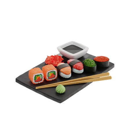3 D Sushi Und Rollen Von Drei Arten Rollen Gunkan Nigiri Auf Einer Schwarzen Schiefertafel Neben Stabchen Wasabi Sojasauce Ingwer 3D Illustration