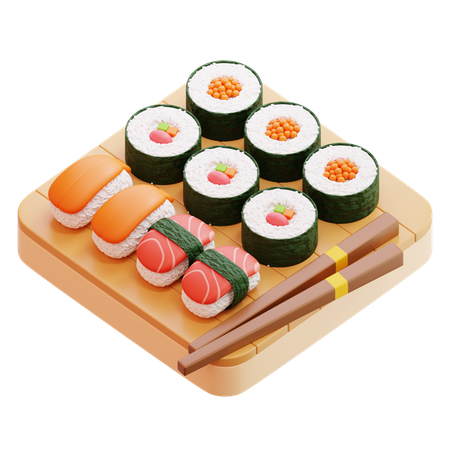 Sushi Set On Wooden Board  3D Icon