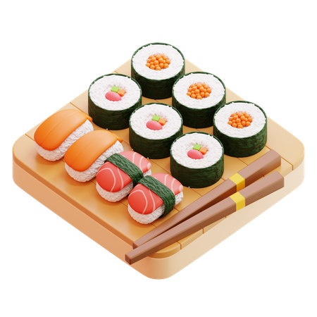 Sushi Set On Wooden Board  3D Icon