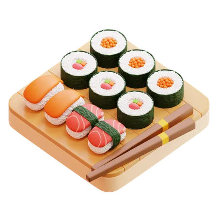 Sushi Set On Wooden Board  3D Icon
