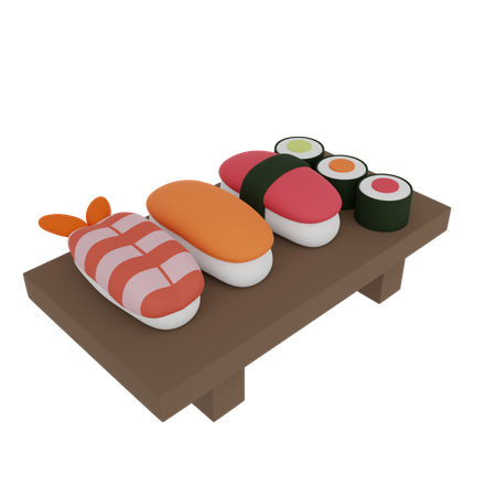 Sushi und Rolle auf einem Holztisch  3D Icon