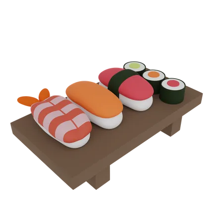 3 D Illustrationssatz Mit Sushi Und Rolle Auf Einem Holztisch 3 D Wiedergabe Eines Japanischen Cartoon Essens 3D Icon