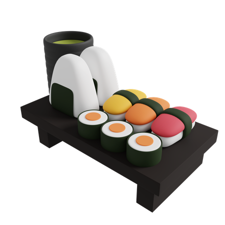 Sushi und Rolle auf einem Holztisch  3D Icon