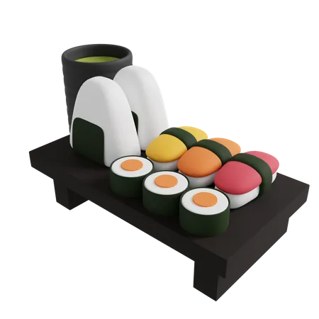 3 D Illustrationssatz Mit Sushi Und Rolle Auf Einem Holztisch 3 D Wiedergabe Eines Japanischen Cartoon Essens 3D Icon