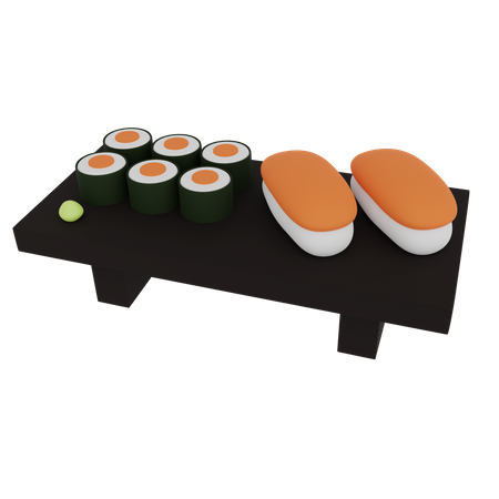Sushi y rollo sobre una mesa de madera  3D Icon
