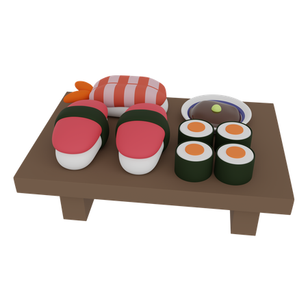 Sushi y rollo sobre una mesa de madera  3D Icon