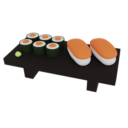 Sushi y rollo sobre una mesa de madera  3D Icon