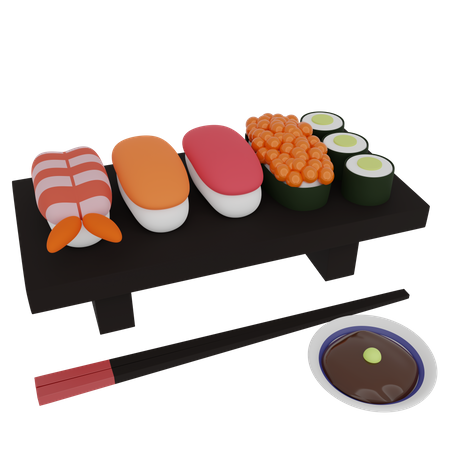 Sushi y rollo sobre una mesa de madera  3D Icon