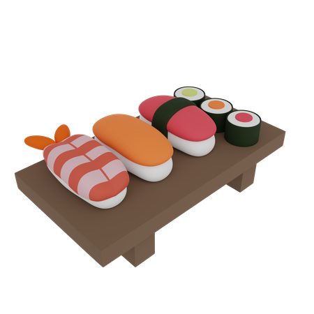 Sushi y rollo sobre una mesa de madera  3D Icon