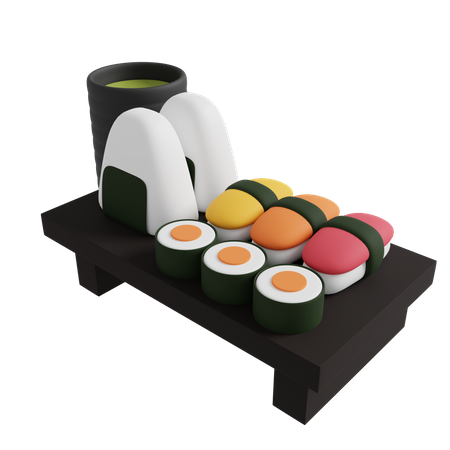 Sushi y rollo sobre una mesa de madera  3D Icon