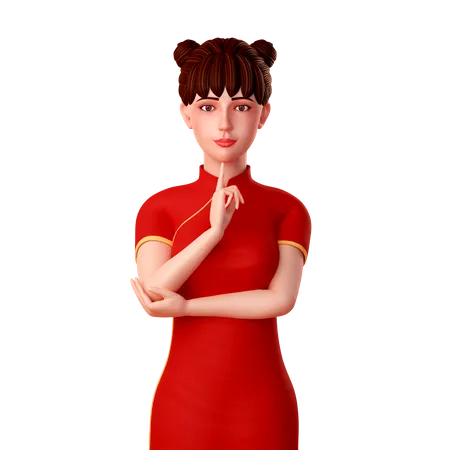 Nette chinesische Frau, das Mädchen dachte nach und legte ihren Zeigefinger ans Kinn  3D Illustration