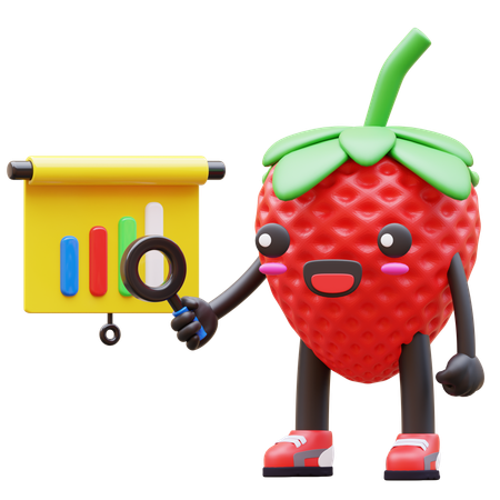 Süße Erdbeere analysiert Geschäftsdiagramm mit Lupe  3D Illustration