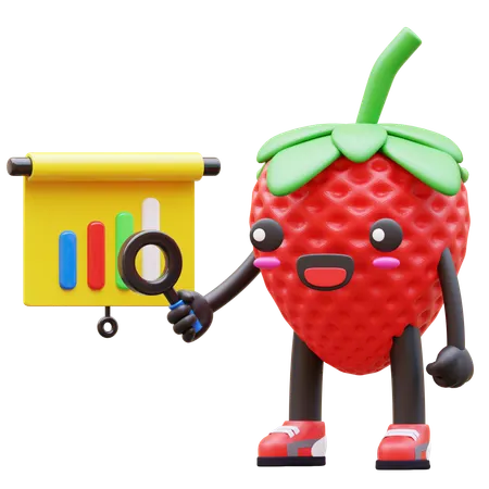 Süße Erdbeere analysiert Geschäftsdiagramm mit Lupe  3D Illustration