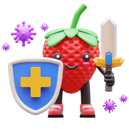 Süße Erdbeere bekämpft Virus mit Schutzschild und Schwert  3D Illustration